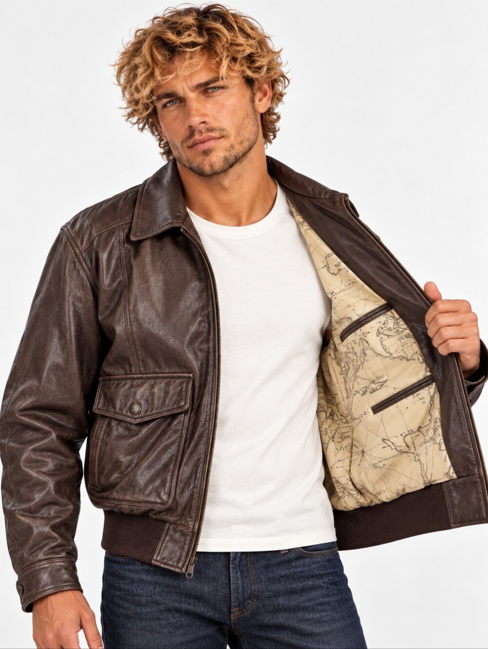 Roundtree & York Brown Leather Bomber Flight Jacket Map Lining Medium EUC